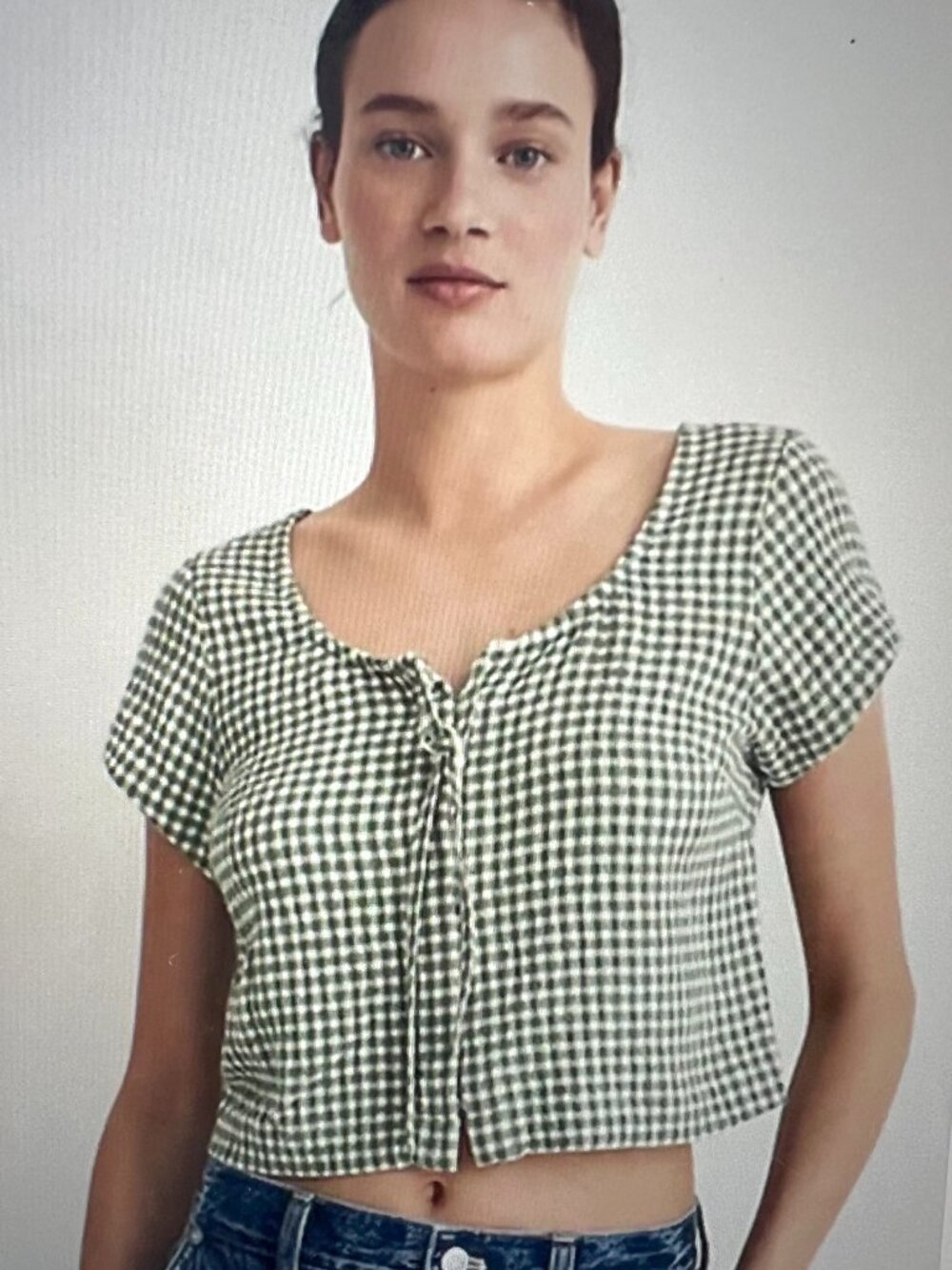 MADEWELL Green & White Check Gingham, Scoop Neck, Linen Blend Top, Blouse, XL